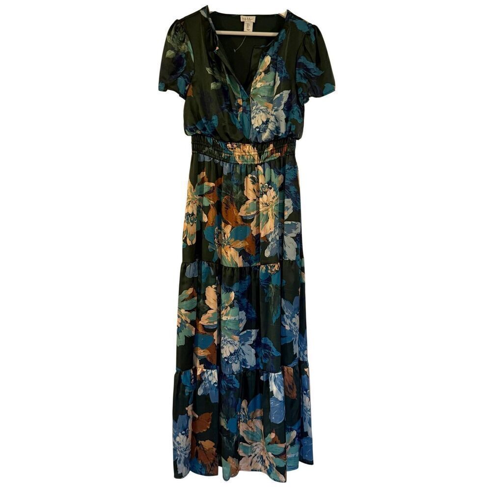 Nicole Mille floral satin look smocked waist ruffle sleeve maxi dress small - Picture 2 of 13